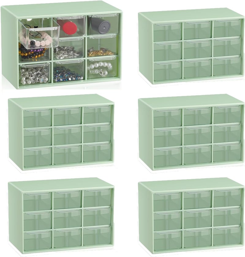 LIPCHEEGO 6 Pcs Small Drawer Organizer for Desk, Mini Desktop Drawer Organizer with 9 Clear Drawers, Plastic Desktop Craft Storage Box for Desk Office School Home 7.1" x 3. 8" x 4.6" (Green) - Image 1